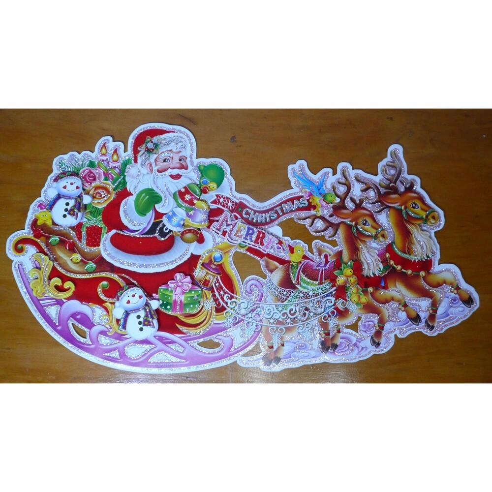 Large Christmas 3D Die Cut Glitter Santa Sleigh Reindeer Cardstock Paper Decor